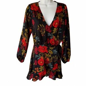 Icone Simons NWOT Black Floral Wrap Mini Dress Red Yellow Long Sleeve Small Boho
